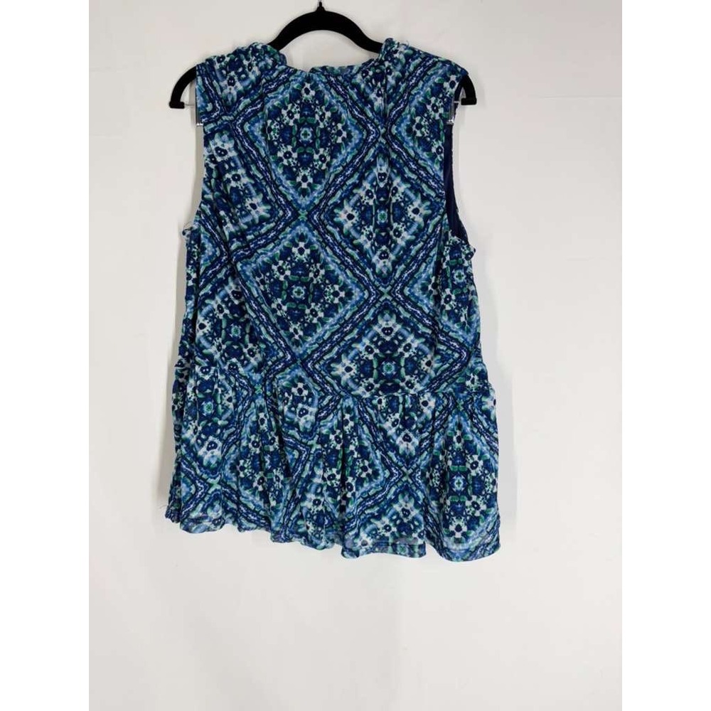 Harper 241 Blue Green Geometric Tile Print Sleeveless Peplum Tie Neck Blouse XL